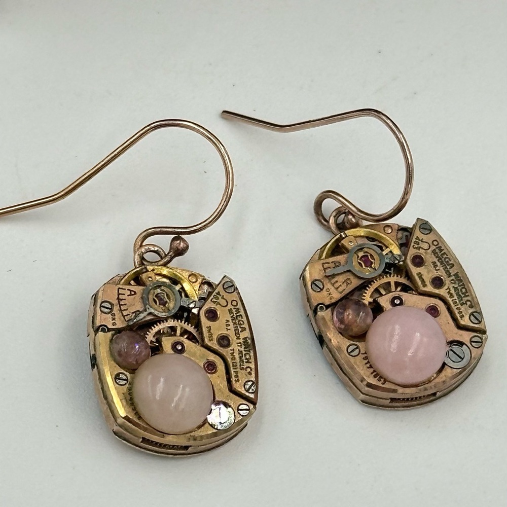 Rose Quartz on Omega Gold Watch 17 Jewels Movement Earrings Steampunk Handmade